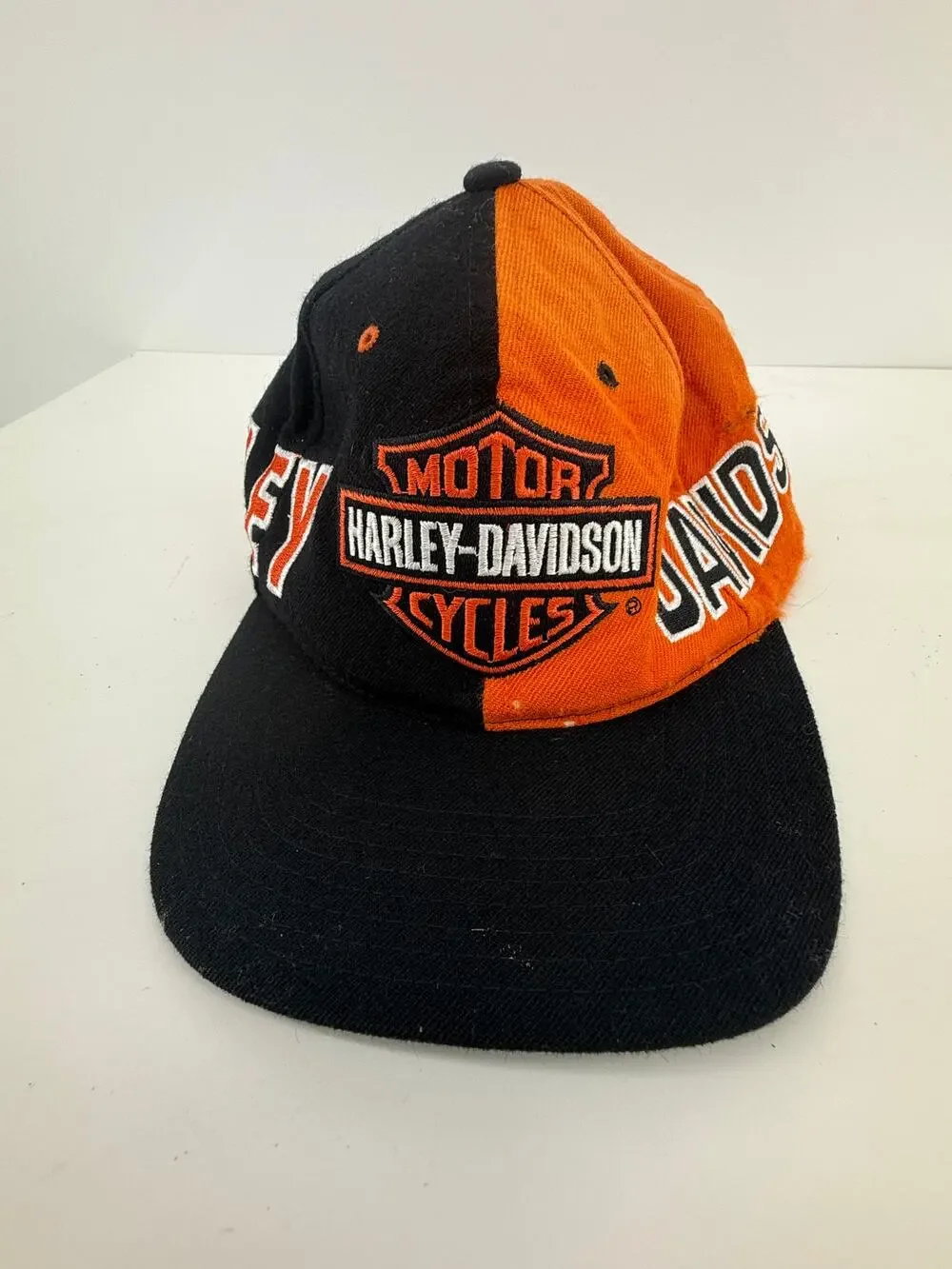Harley Davidson Vintage 90s Snapback Hat Distressed Biker Orange Black Wool READ